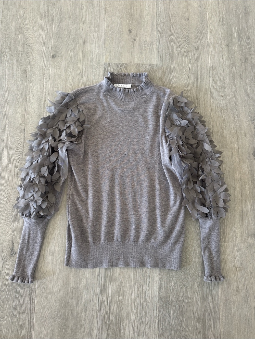 Sioni Gray Petal-Embellished Sleeve Crewneck Sweater
